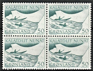 FRIMÆRKER GRØNLAND | 1971 - AFA 79 - Postbefordring - 50 øre blågrøn i 4-blok - Postfrisk